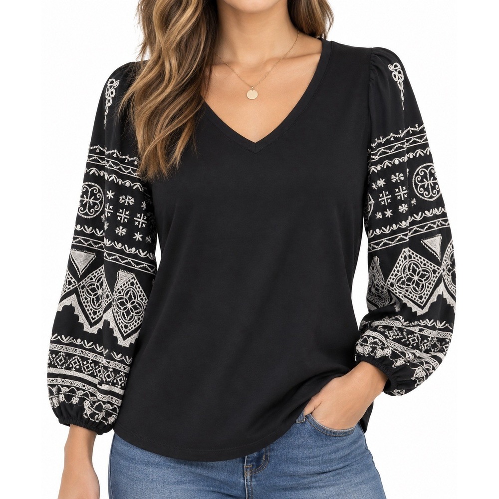Chicos Womens Black Embroidered Boho Blouse Top Puff Sleeve V Neck Size 1 M